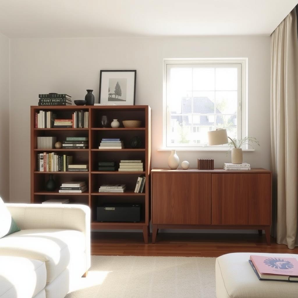 A tidy living room with a neatly organized wooden cabinet showcasing books and decor.