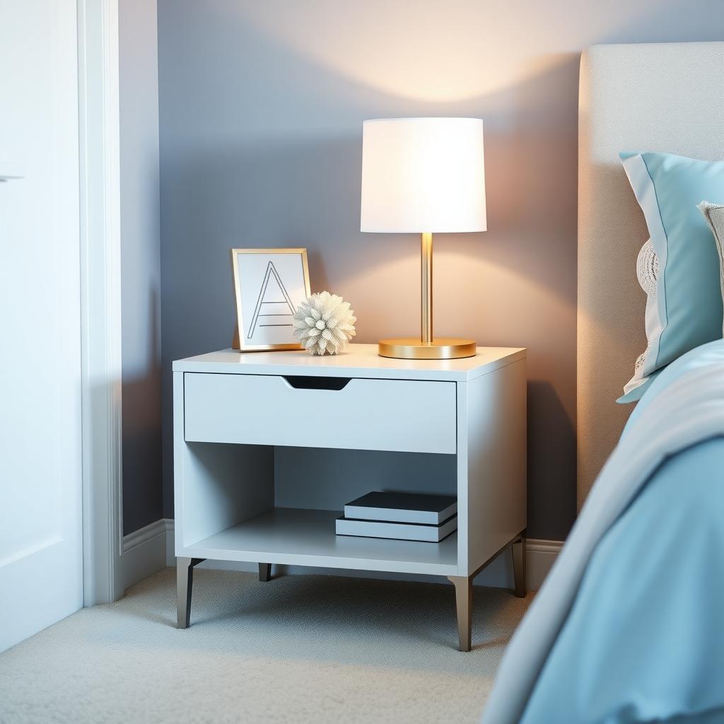 A modern nightstand in a tween’s bedroom with a sleek lamp.