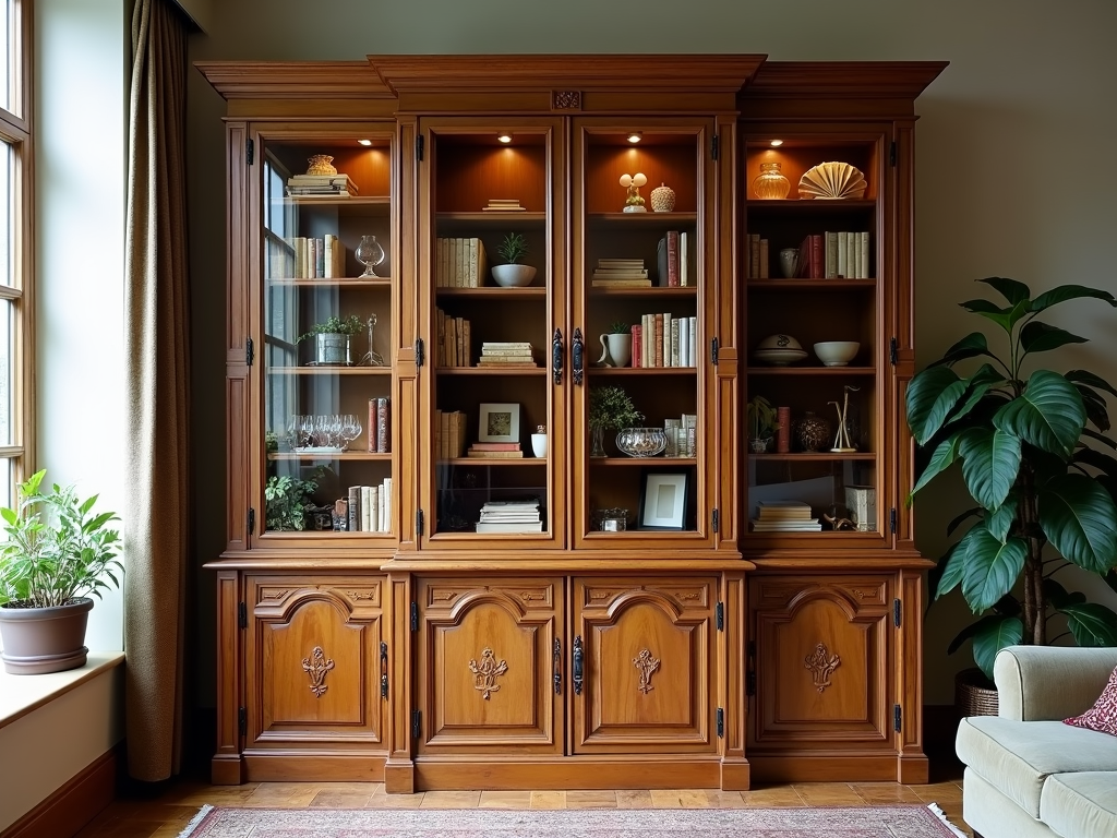An elegant wooden cabinet with glass doors, perfect for displaying collectibles and adding sophistication to any room.