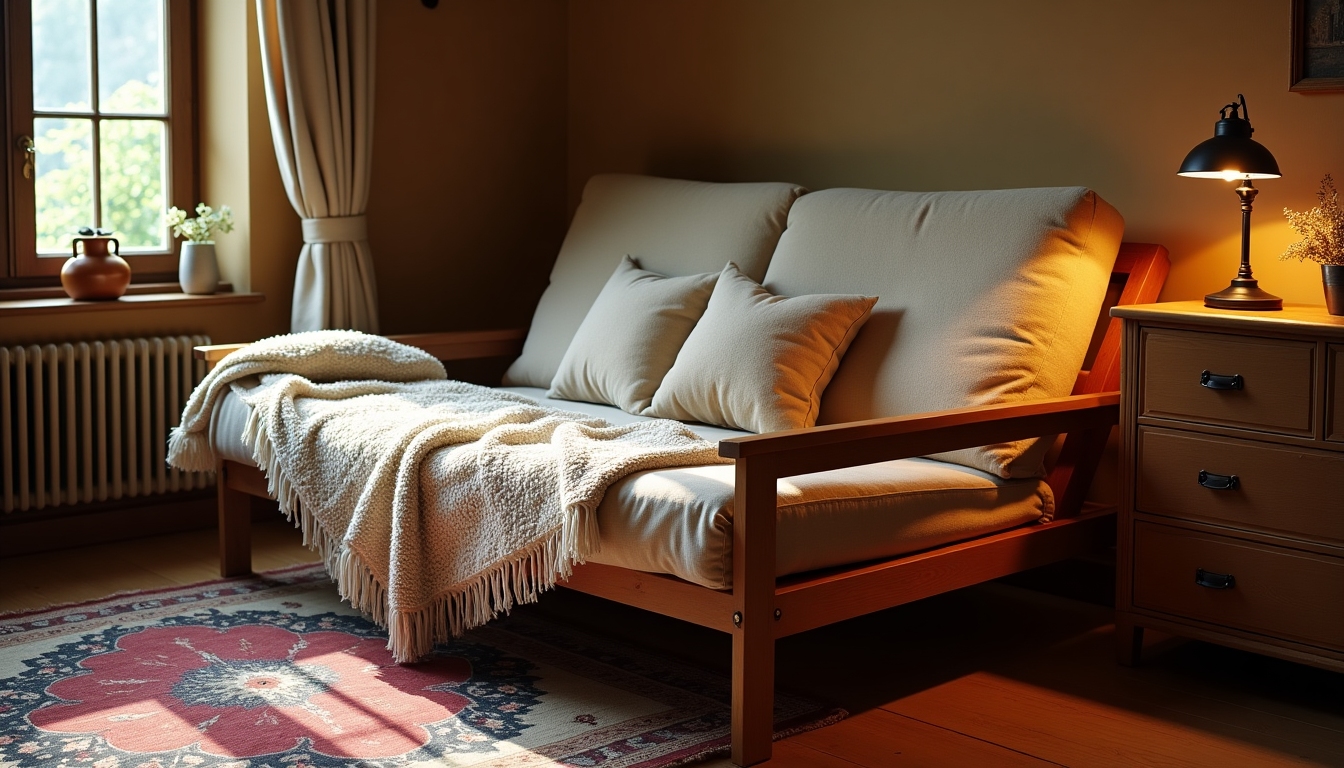 Traditional bedroom with a wooden futon frame and cozy decor