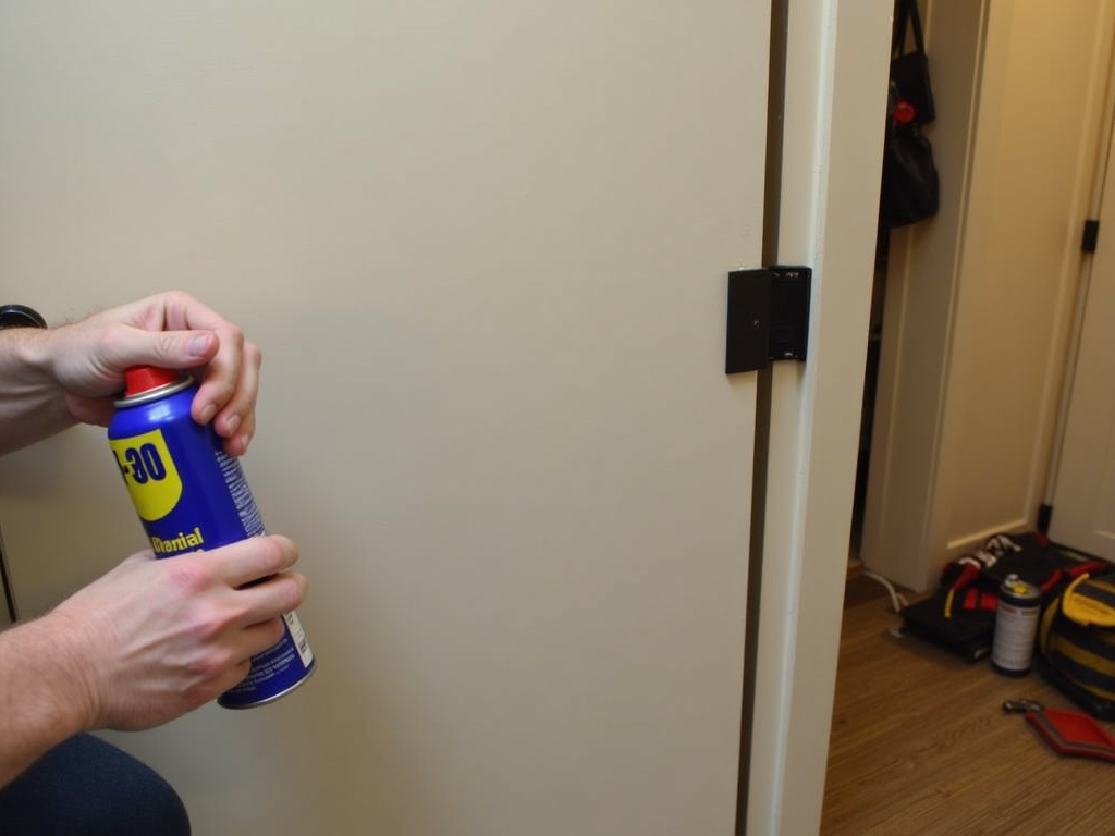 Person fixing a squeaky door with WD-40
