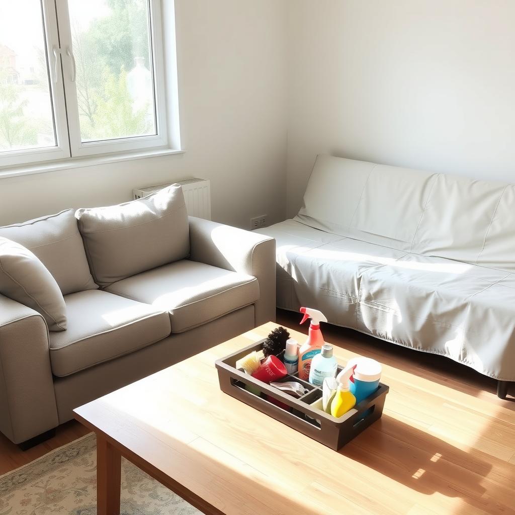 Cozy living room with a clean gray sofa, wooden coffee table, and futon, showcasing well-maintained furniture with a cleaning caddy.