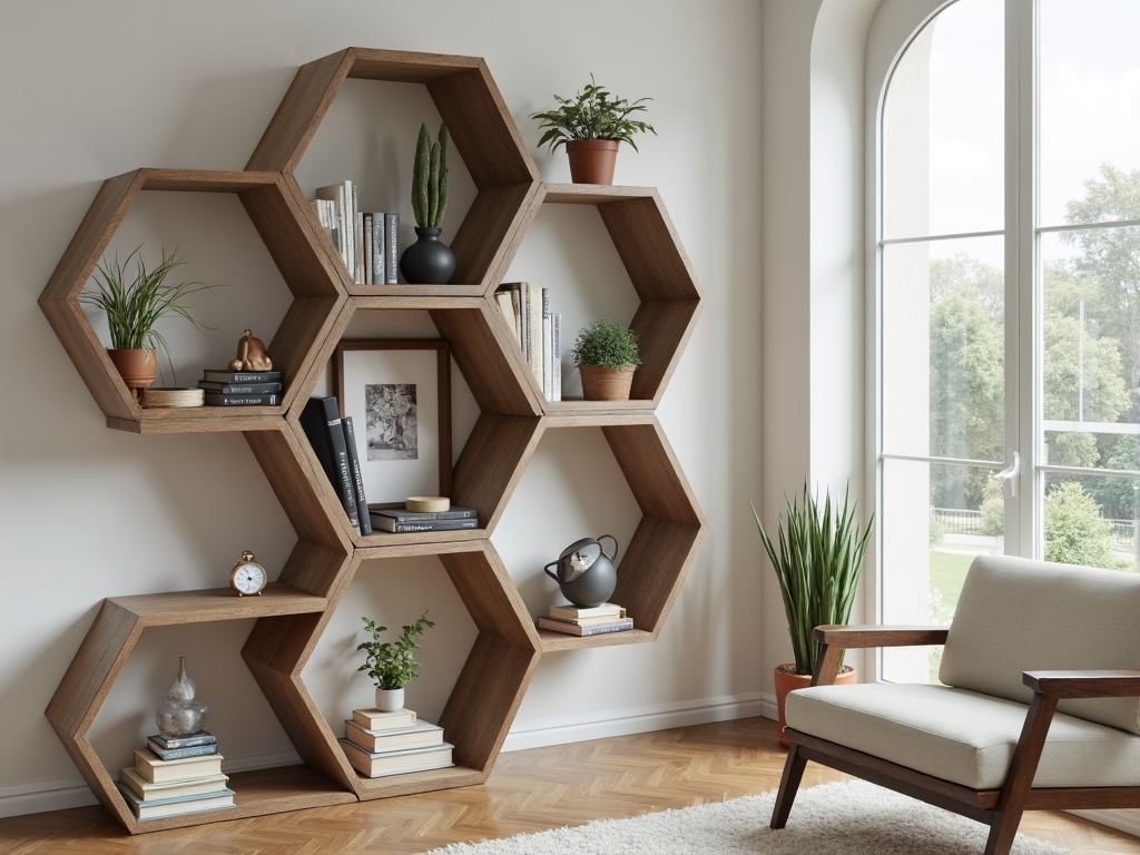 Geometric bookshelf in modern living room