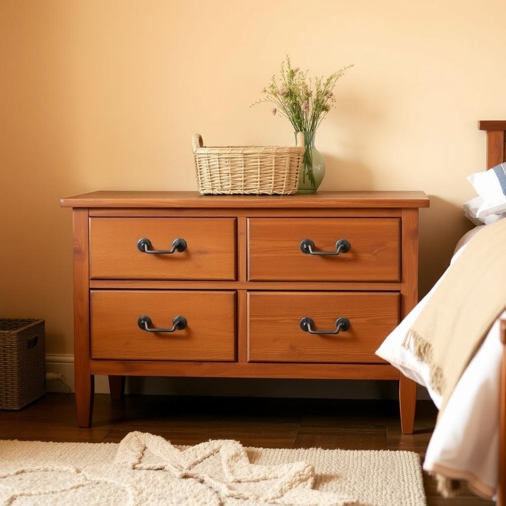 Rustic oak dresser with wildflowers in a cozy bedroom.