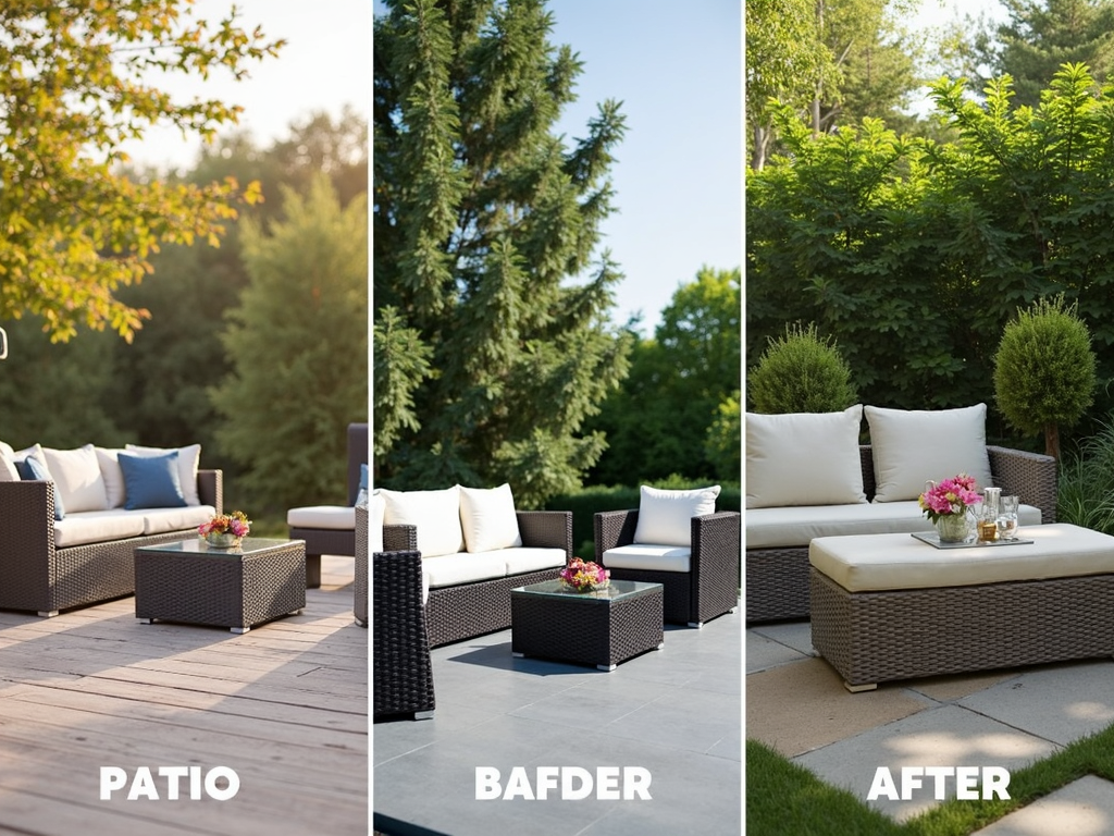 Outdoor furniture in various settings, including a patio, deck, and garden, showing how different environments can affect durability