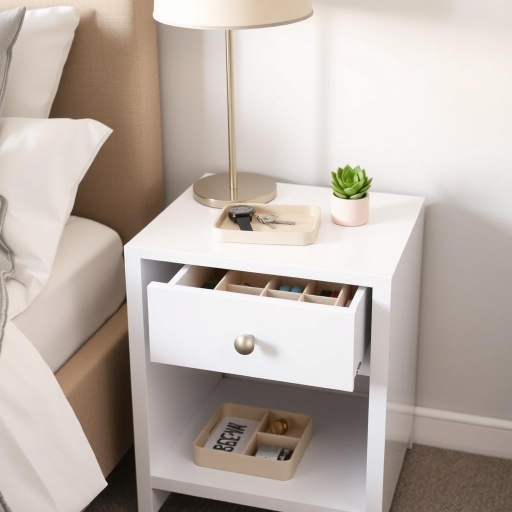 Contemporary nightstand with a minimalist lamp, tray with watch and keys, potted succulent, and an organized drawer with dividers.