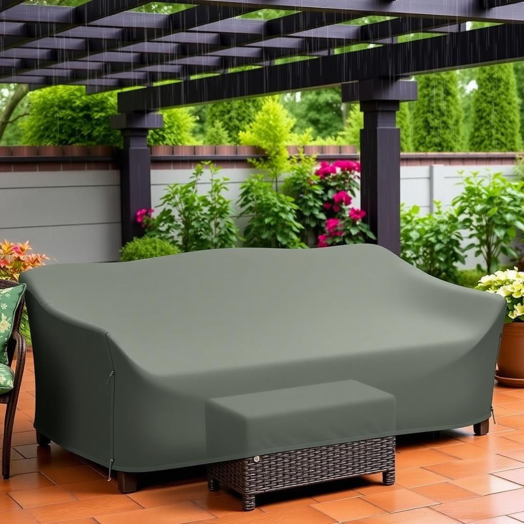 Wicker sofa with cushions under a waterproof cover during light rain.