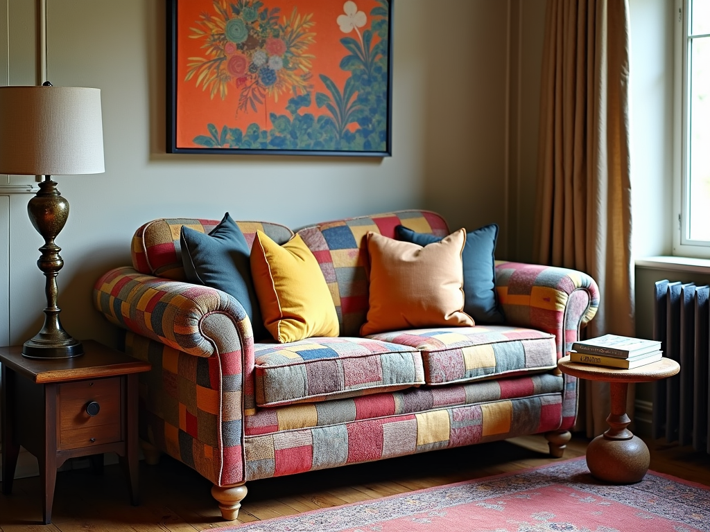 An eclectic love seat in a cozy, colorful corner.