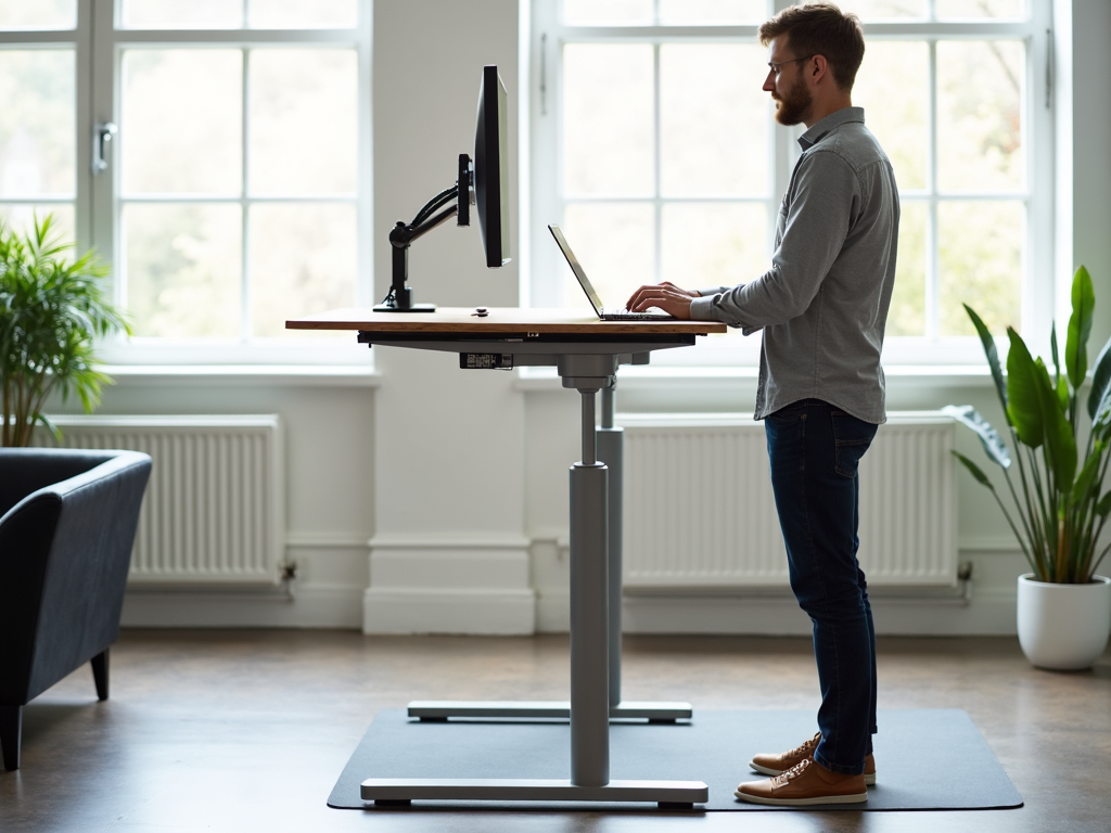 Person using a standing desk in a modern office