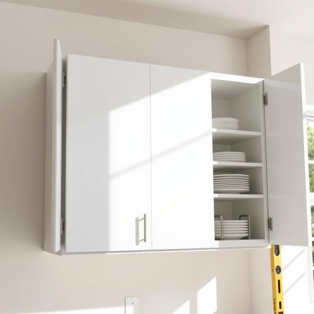 Modern kitchen cabinet installed with organized shelves and perfect alignment.