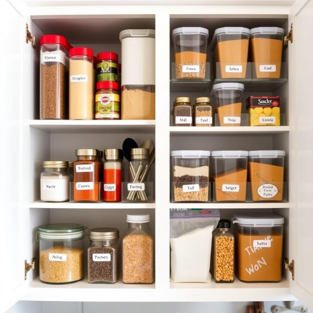 An organized kitchen cabinet with labeled containers and neatly arranged items.