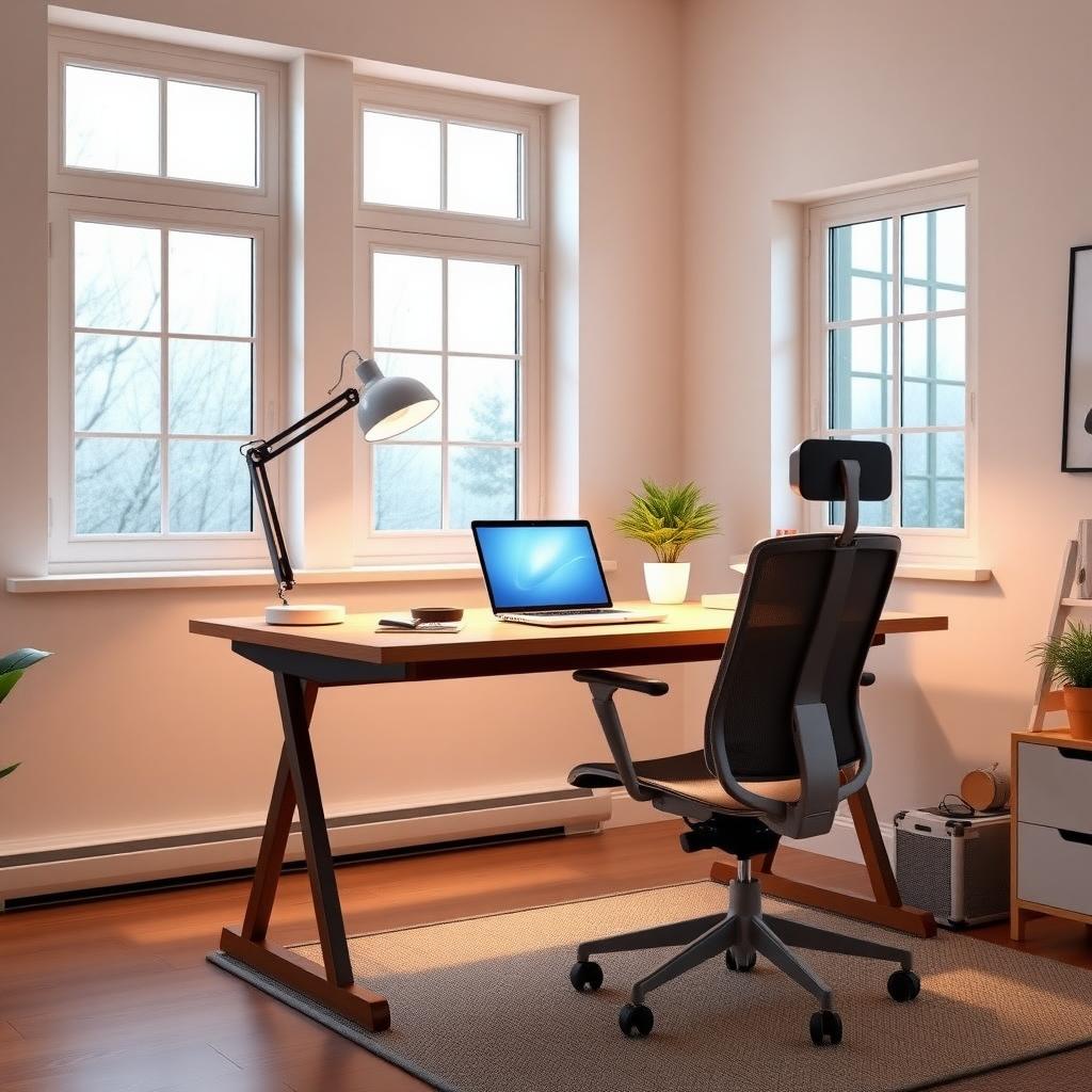 Well-lit home office with an ergonomic chair, LED desk lamp, and natural light from large windows.