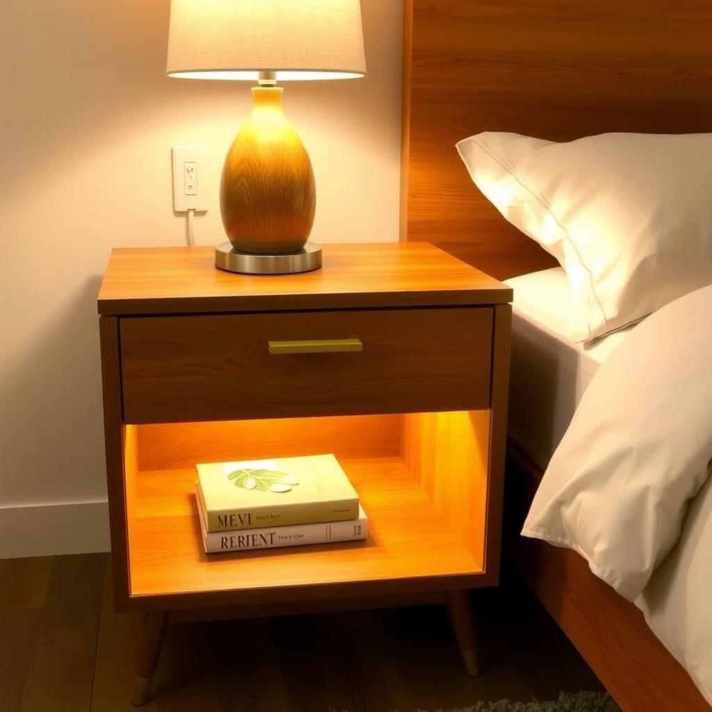 Mid-century modern nightstand with lamp, book, and plant on open shelf.