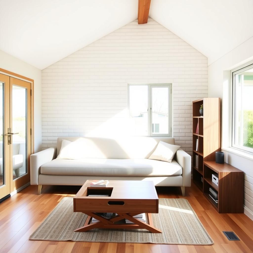 Modern tiny home living room with a sleeper sofa, foldable coffee table, and compact bookshelf.