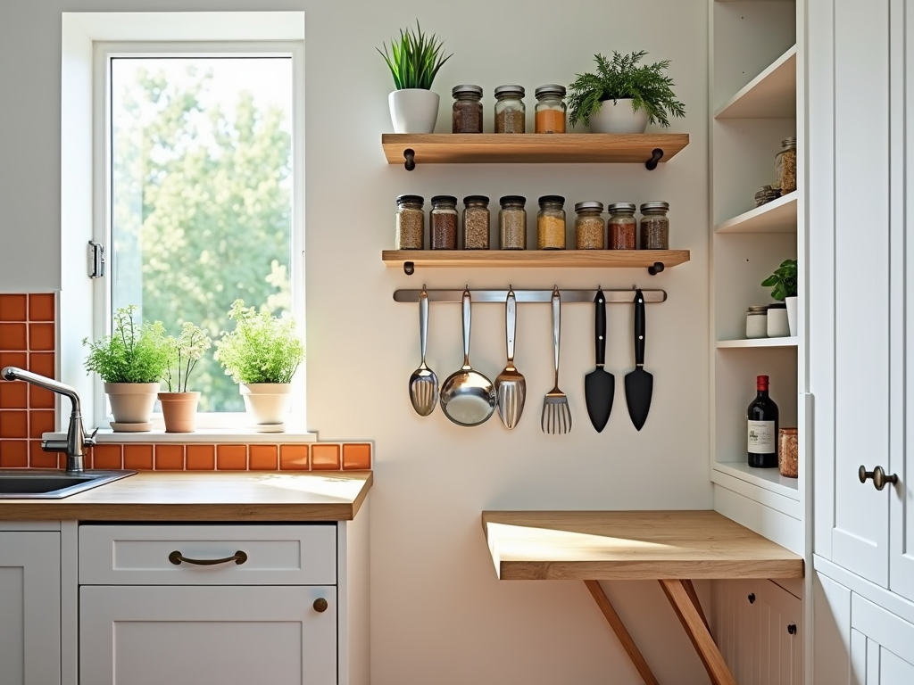 A compact kitchen with clever vertical storage solutions.