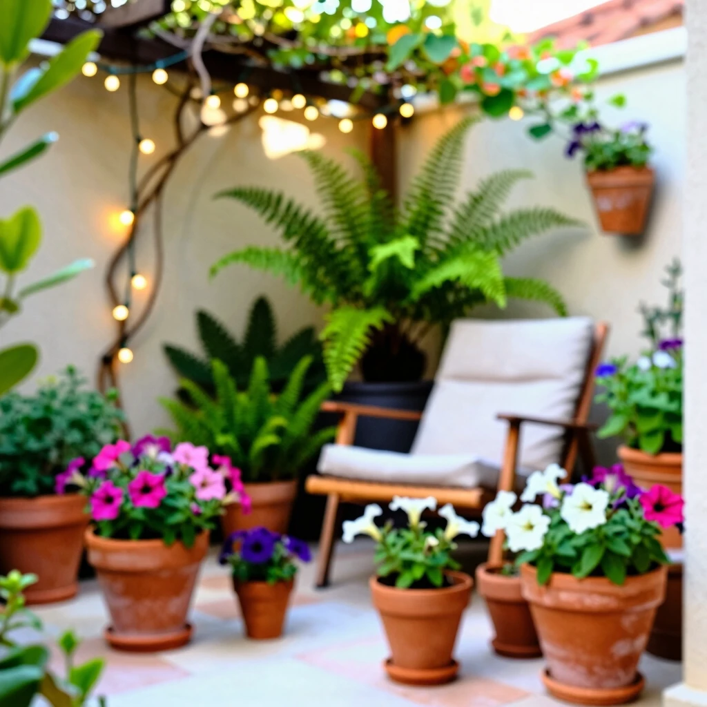 Patio garden with potted plants around a lounge chair and fairy lights