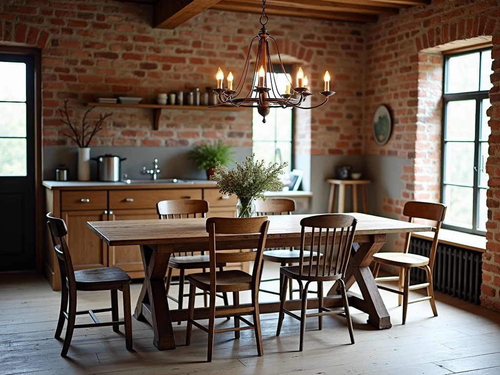 A rustic dining room with a farmhouse table and mismatched chairs