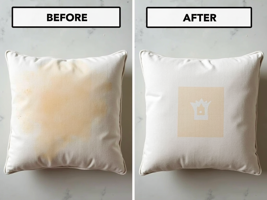 A stained cushion transformed with a natural cleaning hack.