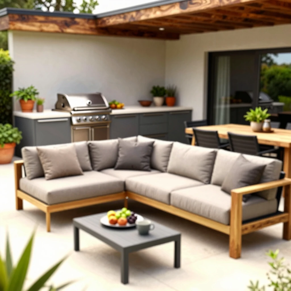 Cozy patio with modular sofa and outdoor kitchen elements