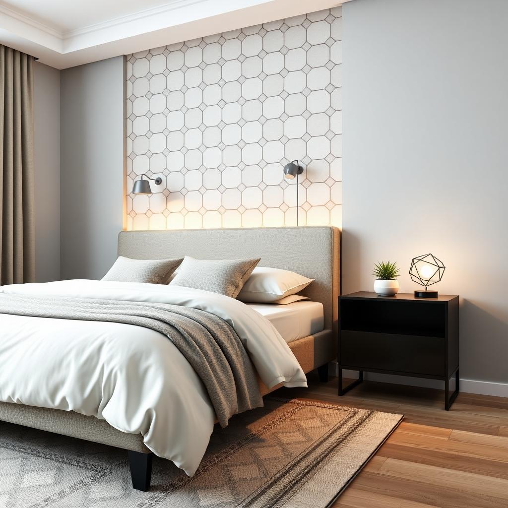 Modern bedroom with geometric accent wall, patterned rug, and sleek nightstand.
