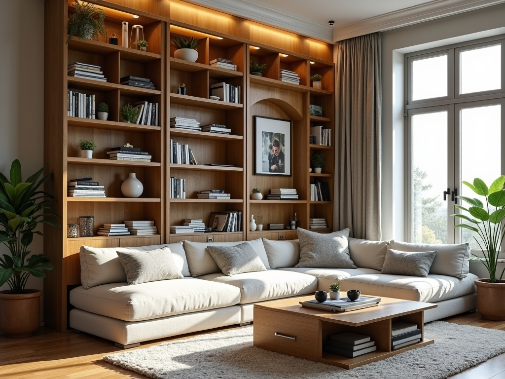A well-organized small living room with vertical storage solutions.