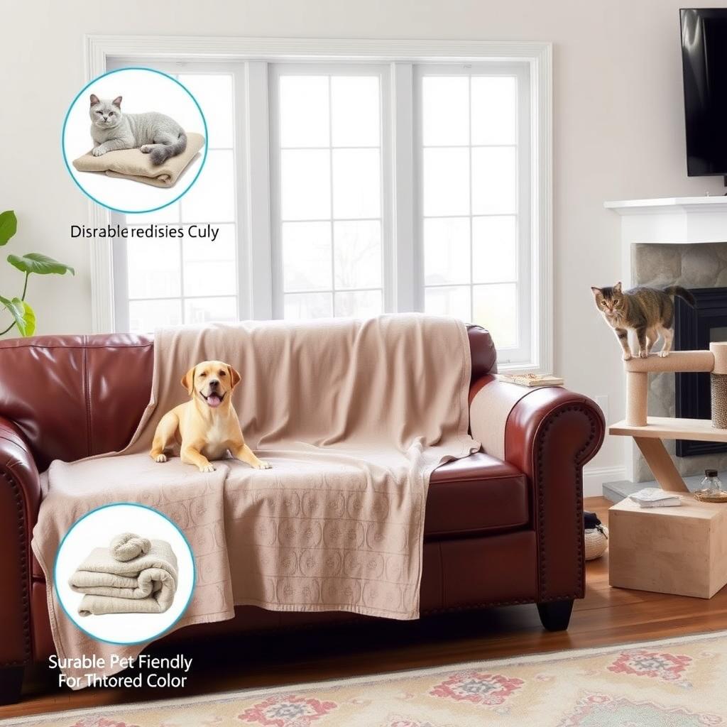 Cozy living room with a leather sofa protected by a pet-friendly throw blanket, a dog resting on it, and a cat on a scratching post.