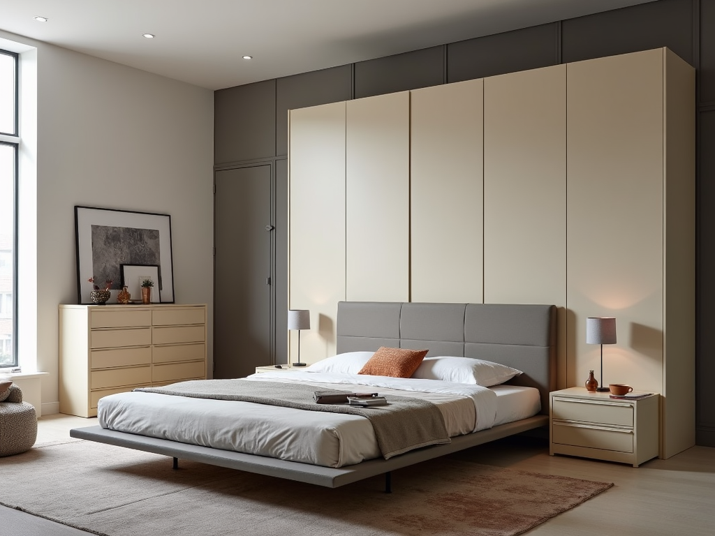 Modern bedroom with a sleek armoire and minimalist decor