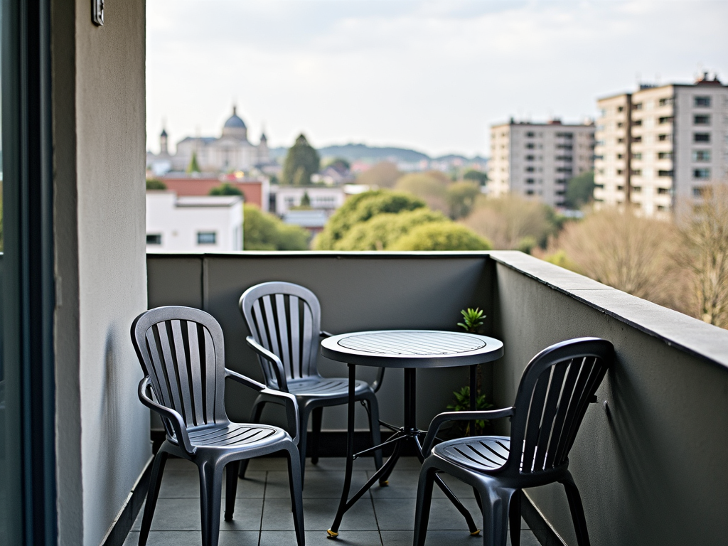 A metal outdoor table with chairs on a small balcony