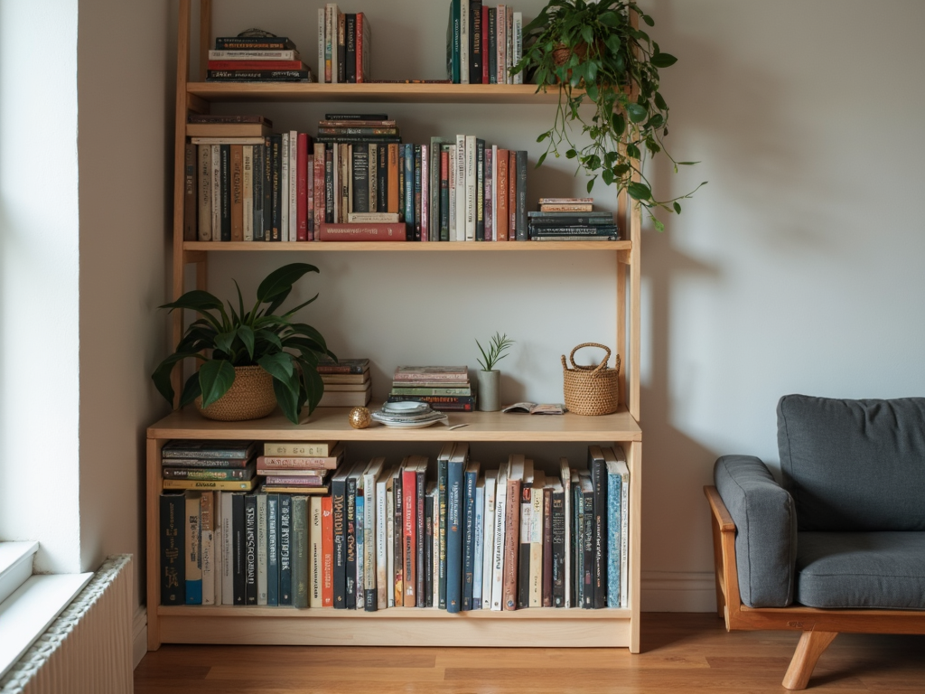 A decluttered bookshelf in a small apartment corner, highlighting simple small space organization.