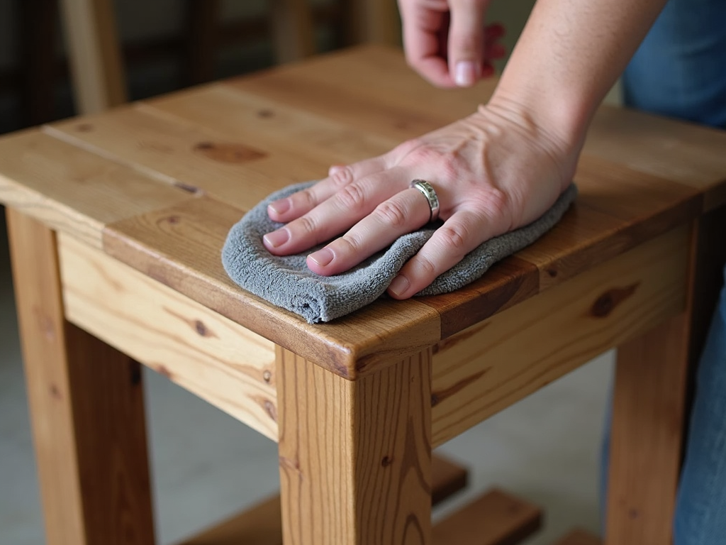 Cleaning a reclaimed wood side table with a soft cloth.