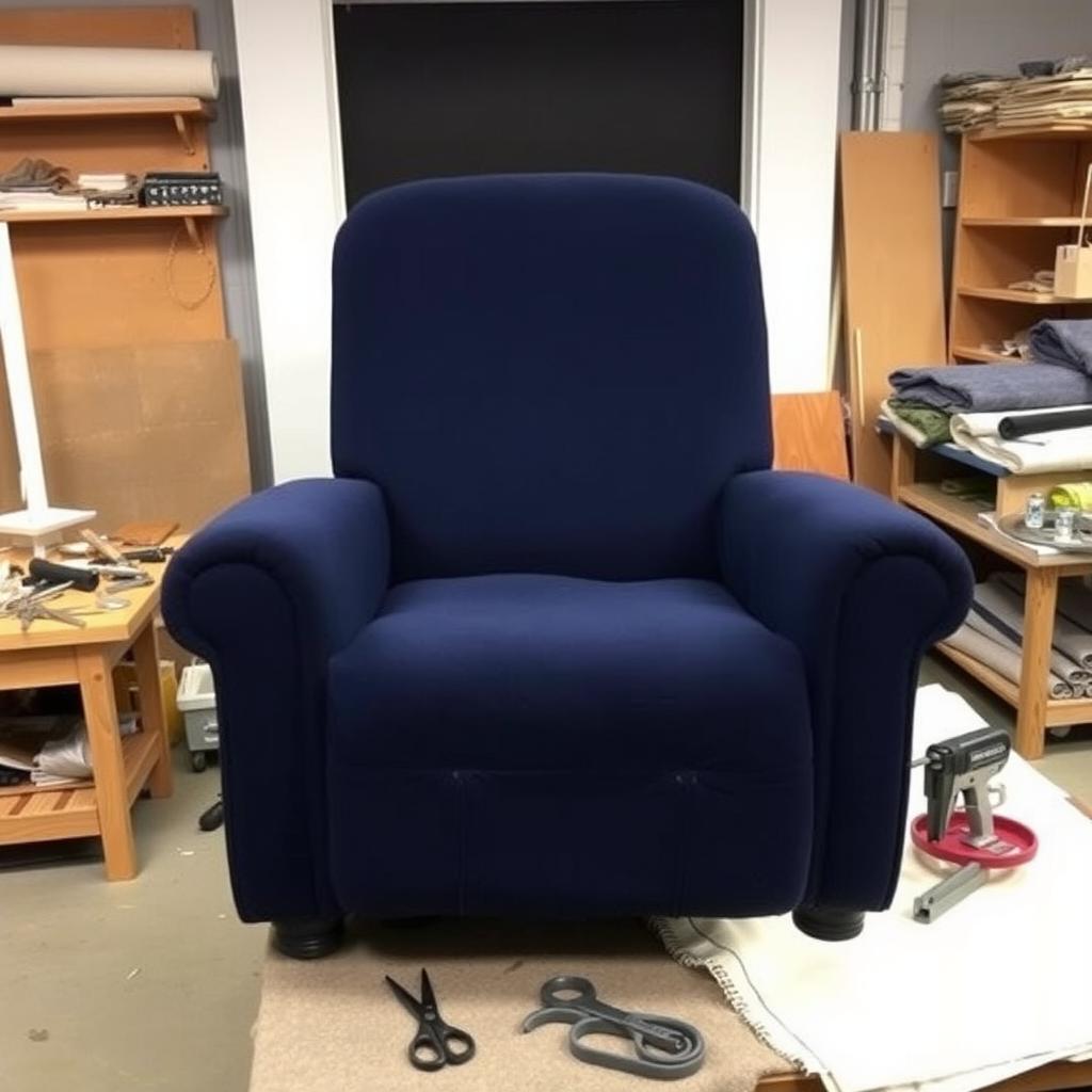 Professional upholstery workshop with a navy blue recliner being reupholstered