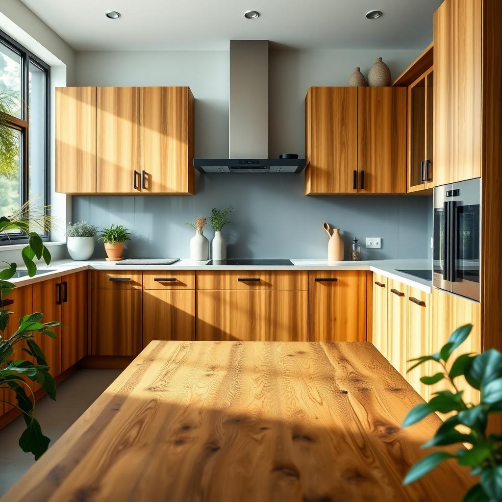 Modern kitchen with bamboo cabinets, black hardware, and a reclaimed wood dining table