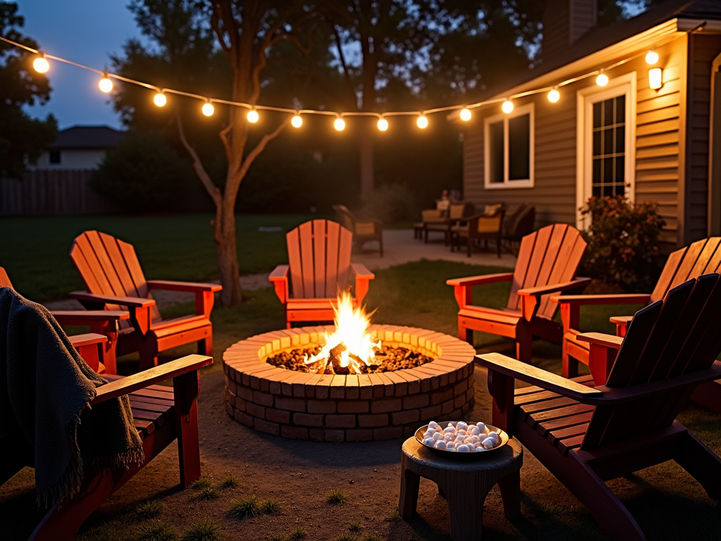Backyard fire pit with chairs and string lights