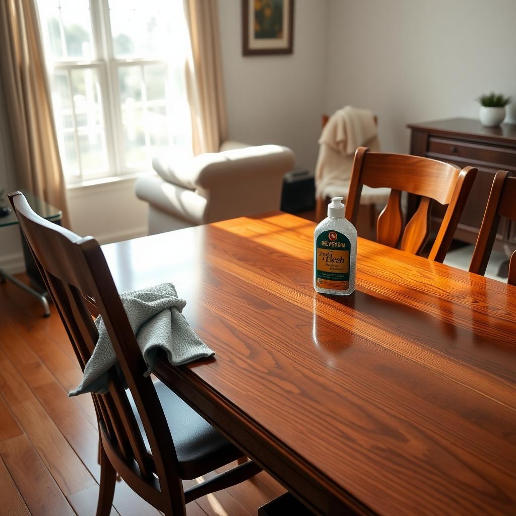 Polished wooden dining table and chairs in a cozy living room