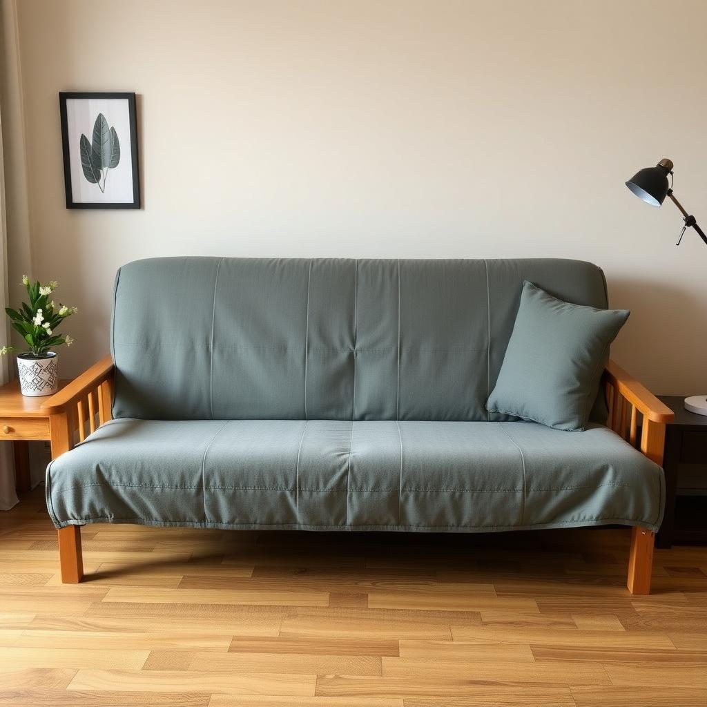 A futon in a home office, with a sleek, professional-looking cover.