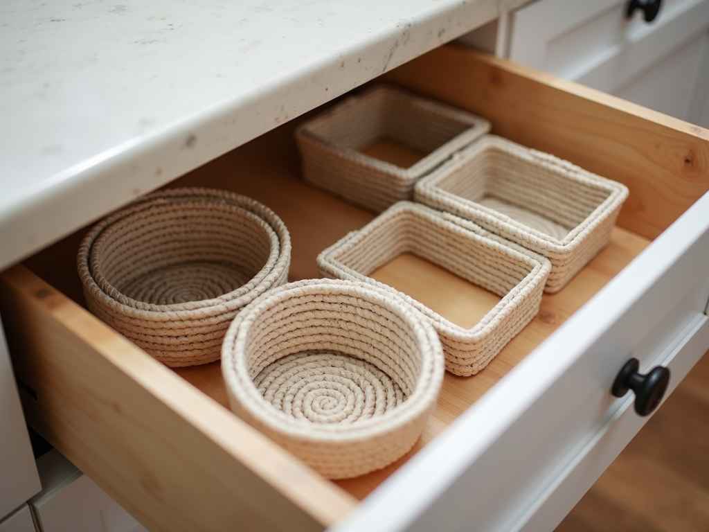 A well-organized drawer with dividers and baskets.