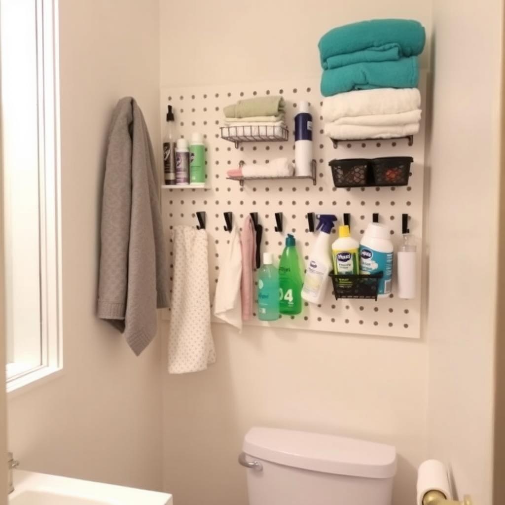 A white pegboard in a small bathroom, organizing toiletries and towels with hooks and baskets.