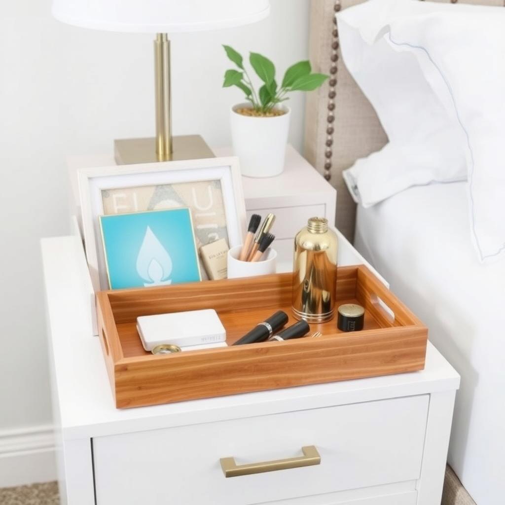 A nightstand with a decorative tray holding a watch, glasses, and a small notebook.