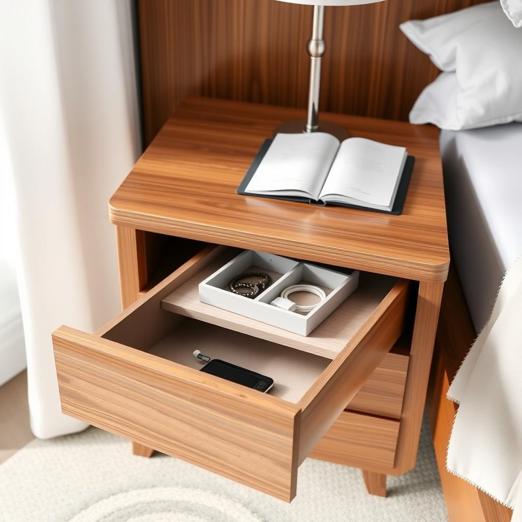 Modern nightstand with an organized drawer and minimalist bedroom setup.