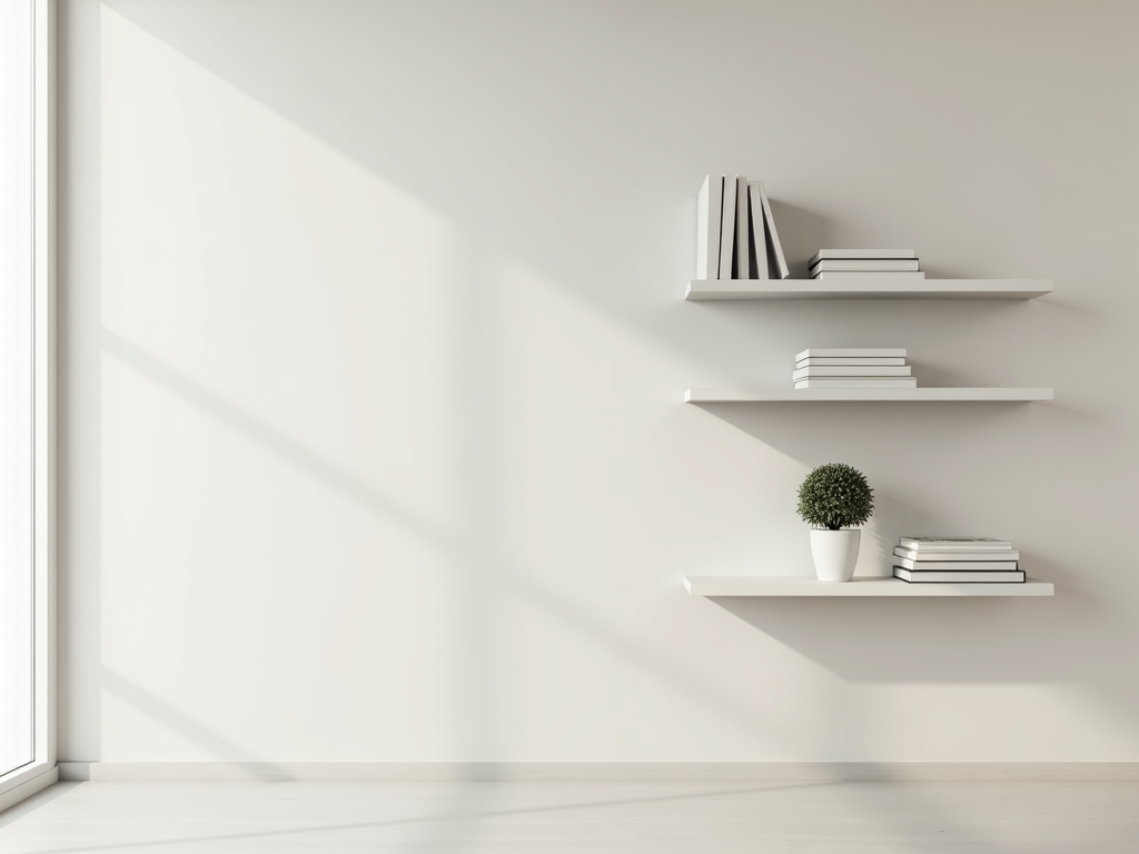 Floating shelves in a modern living room