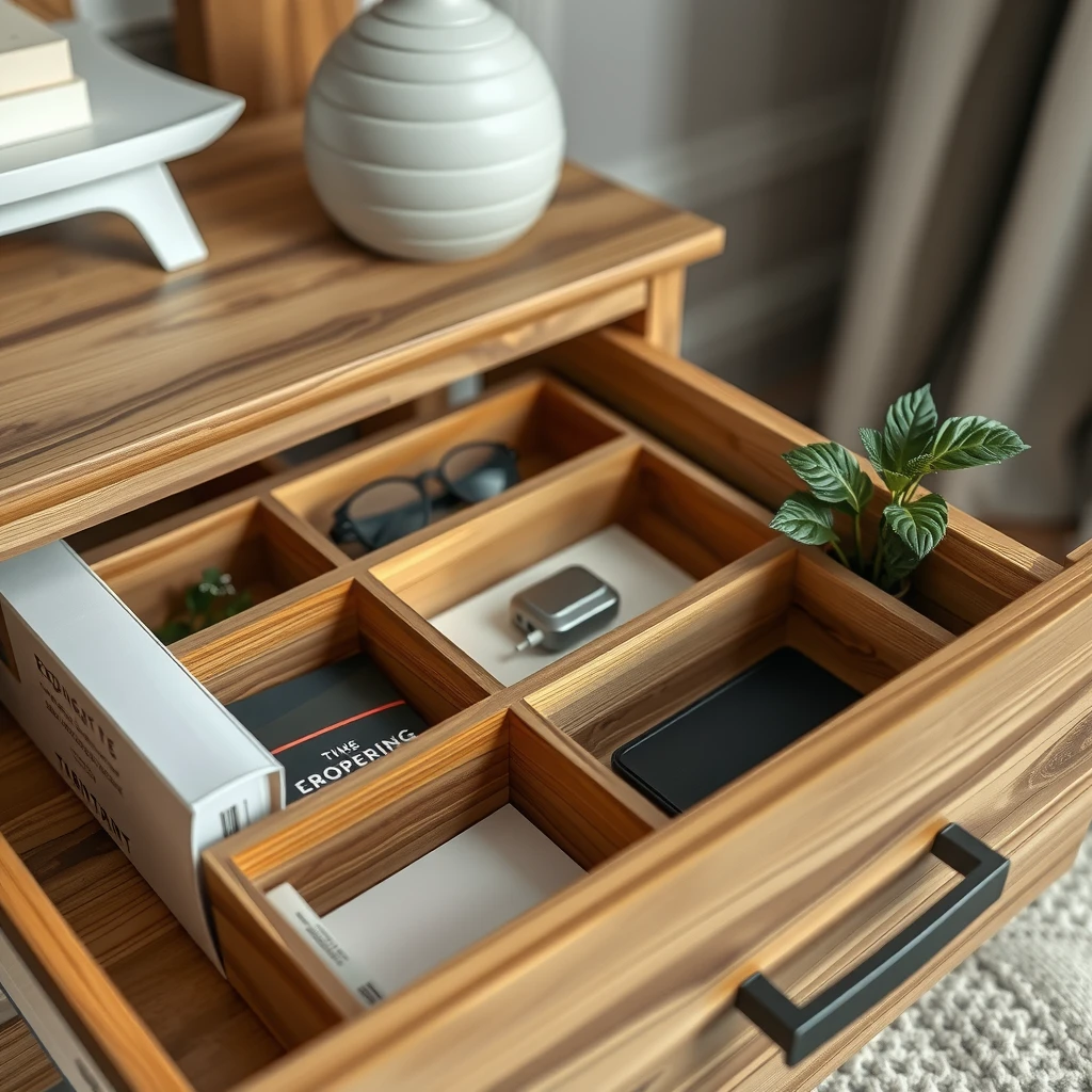 Organized wooden nightstand drawer with dividers and everyday items, promoting nightstand organization tips