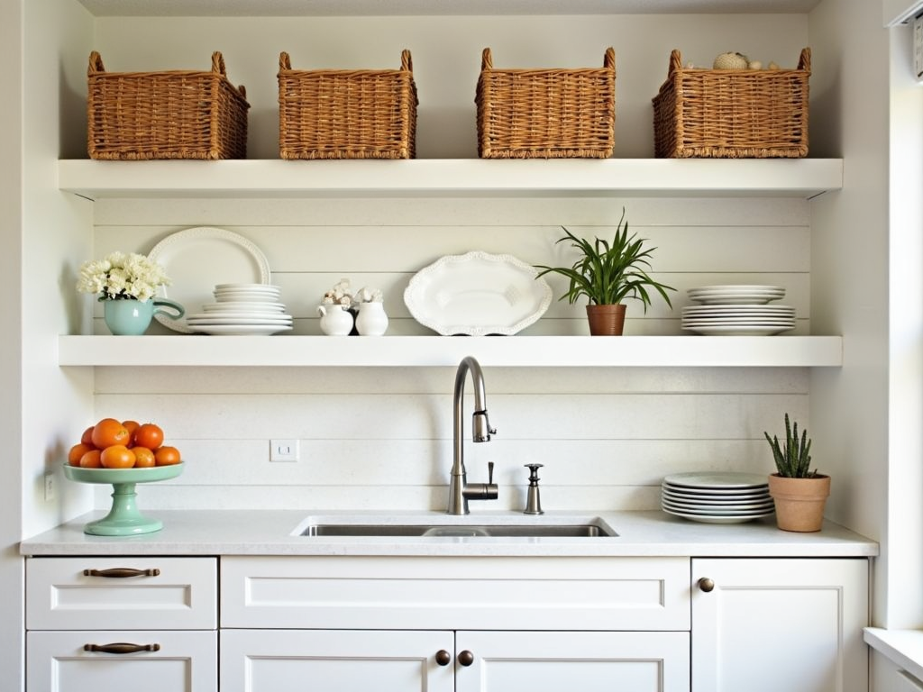 A kitchen with decorative baskets above the cabinets for additional storage.