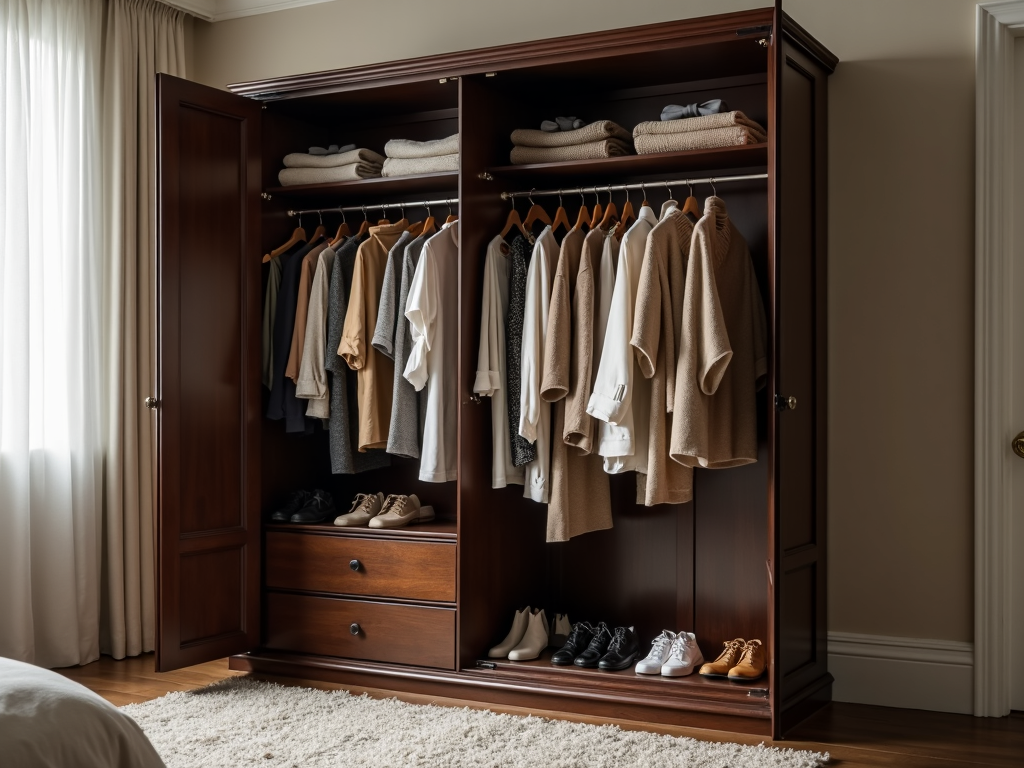 Armoire filled with clothes and shoes