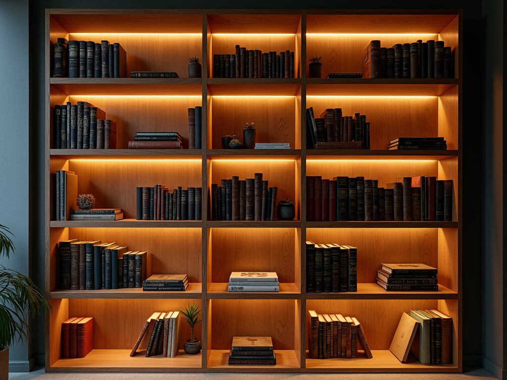 Bookshelf enhanced with soft lighting for a cozy ambiance.