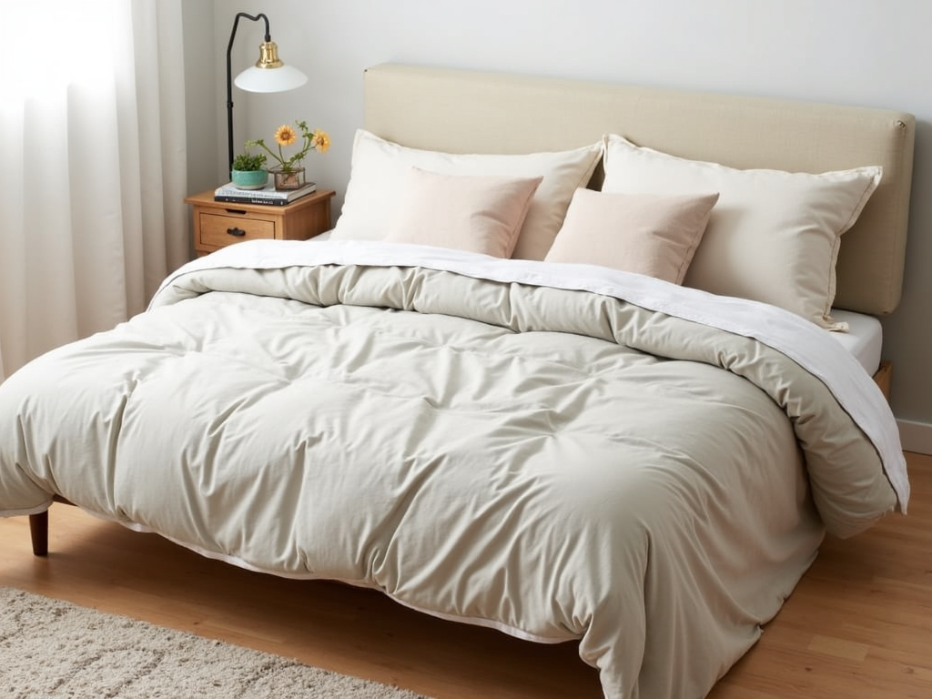 A futon converted into a bed, complete with bedding.