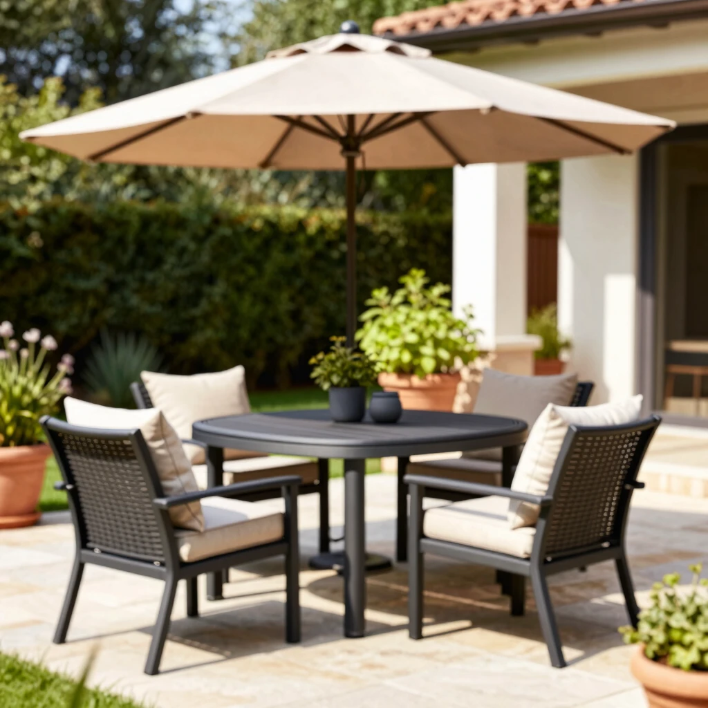 Beautiful outdoor patio with all-weather furniture and umbrella