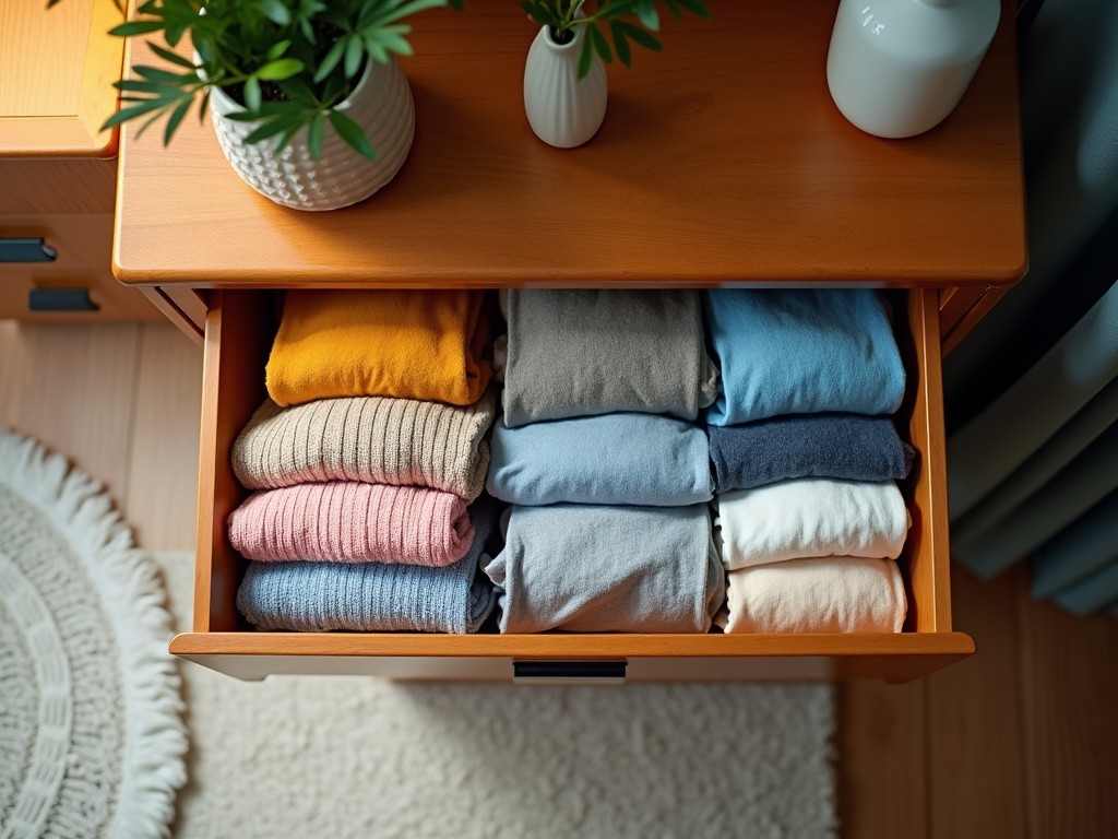 A neatly organized six-drawer dresser with clothes sorted by color and function.