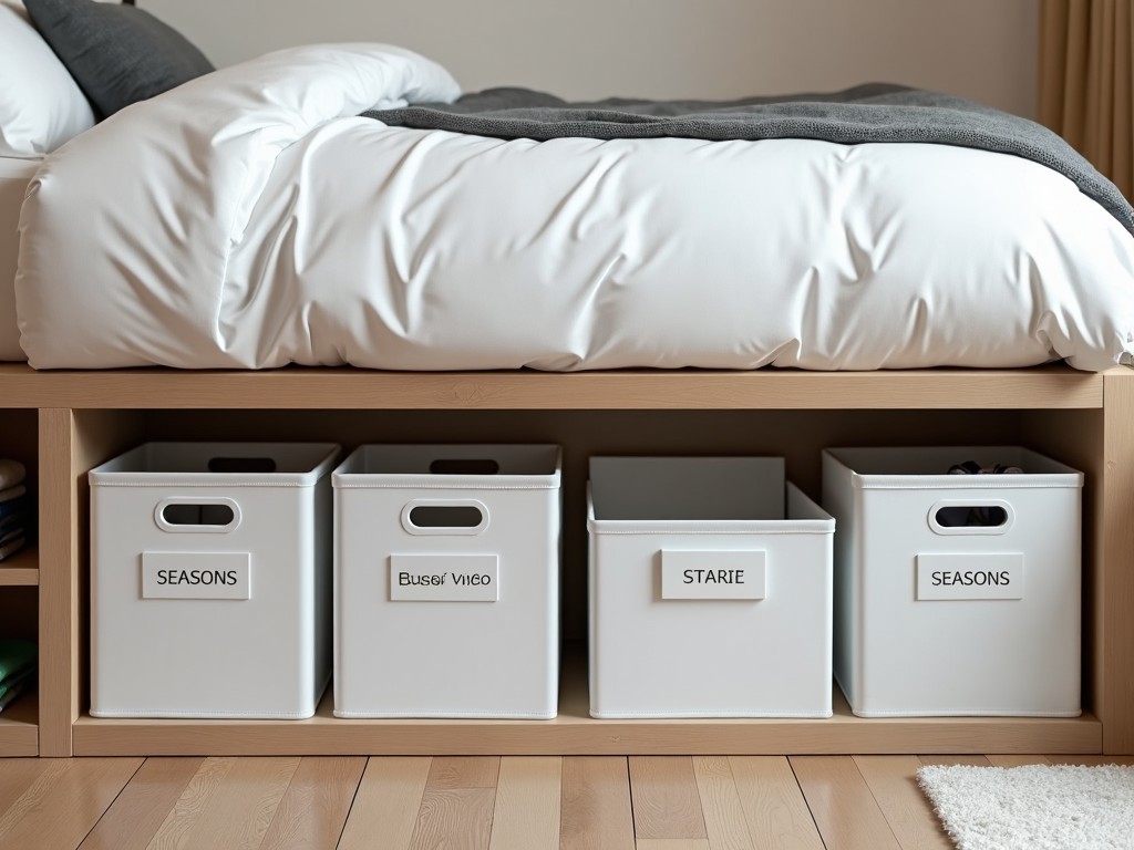 Storage boxes used for off-season clothing under a bed.