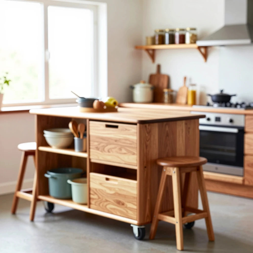 Small kitchen with multi-functional rolling island and storage