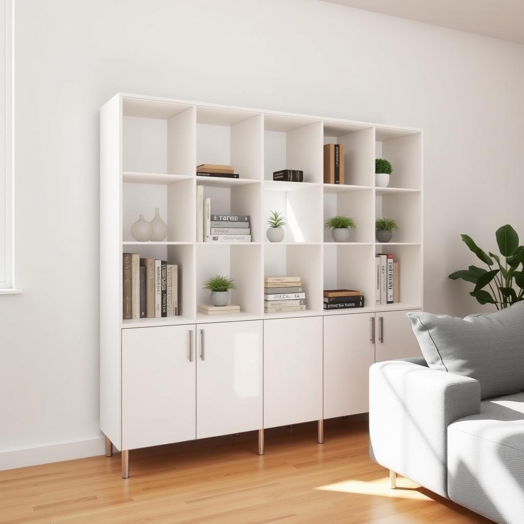 A tidy living room with a white cabinet showcasing organized books, boxes, and plants, bathed in soft natural light.
